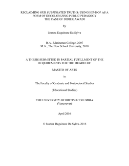 Reclaiming Our Subjugated Truths: Using Hip-Hop As a Form of Decolonizing Public Pedagogy the Case of Didier Awadi