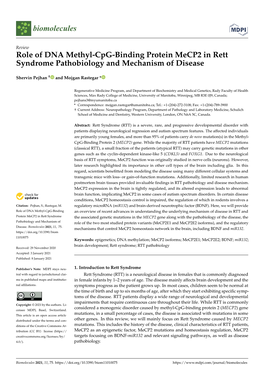 Role of DNA Methyl-Cpg-Binding Protein Mecp2 in Rett Syndrome Pathobiology and Mechanism of Disease