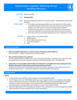 Afghanistan Logistics Working Group Meeting Minutes