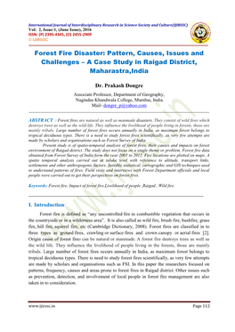 Forest Fire Disaster: Pattern, Causes, Issues and Challenges – a Case Study in Raigad District, Maharastra,India