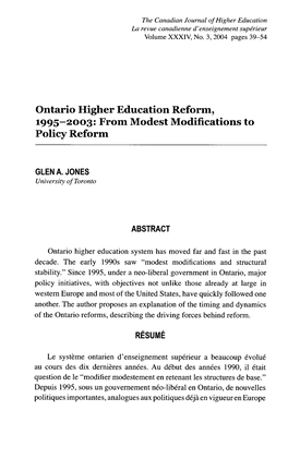 Ontario Higher Education Reform, 1995-2003: from Modest Modifications to Policy Reform