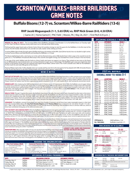 Scranton/Wilkes-Barre Railriders Game Notes Buffalo Bisons (12-7) Vs