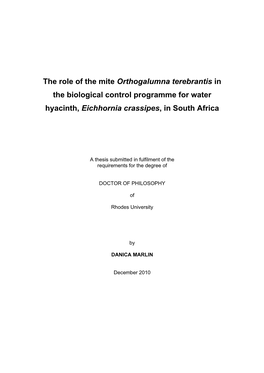 The Role of the Mite Orthogalumna Terebrantis in the Biological Control Programme for Water Hyacinth, Eichhornia Crassipes, in South Africa