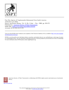 Four New Species of Cyphomandra (Solanaceae) from South America Author(S): Lynn Bohs Source: Systematic Botany, Vol