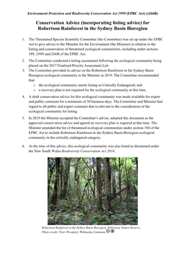 Conservation Advice (Incorporating Listing Advice) for Robertson Rainforest in the Sydney Basin Bioregion