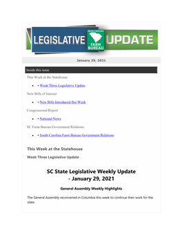 SC State Legislative Weekly Update - January 29, 2021