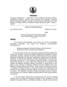 ABSTRACT Transport Department – Bifurcation of the Regional Transport Offices, Coimbatore (North), (South) and (Central) Into