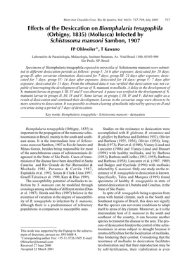 Effects of the Desiccation on Biomphalaria Tenagophila (Orbigny, 1835) (Mollusca) Infected by Schistosoma Mansoni Sambon, 1907 FP Ohlweiler+, T Kawano