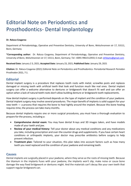 Editorial Note on Periodontics and Prosthodontics- Dental Implantology