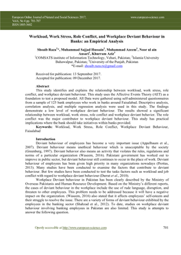 Workload, Work Stress, Role Conflict, and Workplace Deviant Behaviour in Banks: an Empirical Analysis