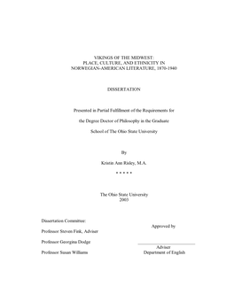 Vikings of the Midwest: Place, Culture, and Ethnicity in Norwegian-American Literature, 1870-1940