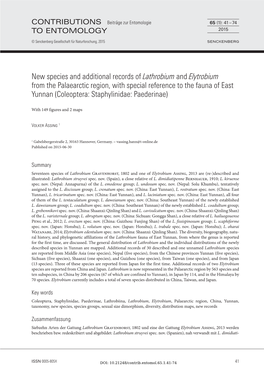 Lathrobium and Elytrobium from the Palaearctic Region, with Special Reference to the Fauna of East Yunnan (Coleoptera: Staphylinidae: Paederinae)