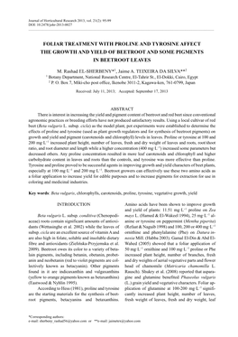 Foliar Treatment with Proline and Tyrosine Affect the Growth and Yield of Beetroot and Some Pigments in Beetroot Leaves