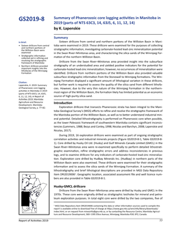 Summary of Phanerozoic Core Logging Activities in Manitoba in 2019 (Parts of NTS 63C3, 14, 63J5, 6, 11, 12, 14) by K