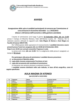 Avviso Aula Magna Di Ateneo