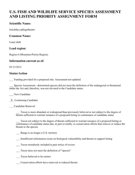 U.S. Fish and Wildlife Service Species Assessment and Listing Priority Assignment Form