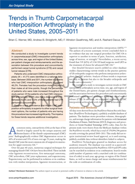 Trends in Thumb Carpometacarpal Interposition Arthroplasty in the United States, 2005–2011
