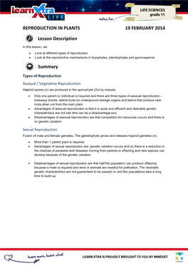 REPRODUCTION in PLANTS 19 FEBRUARY 2014 Lesson