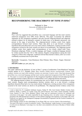 Reconsidering the Diachrony of Tone in Rma1