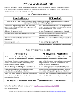 PHYSICS COURSE SELECTION Physics Honors AP Physics 1 AP