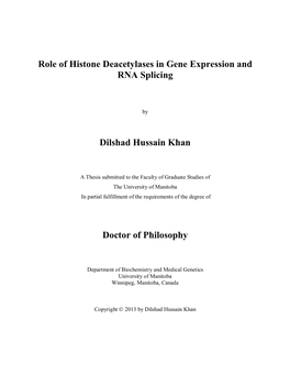 Role of Histone Deacetylases in Gene Expression and RNA Splicing