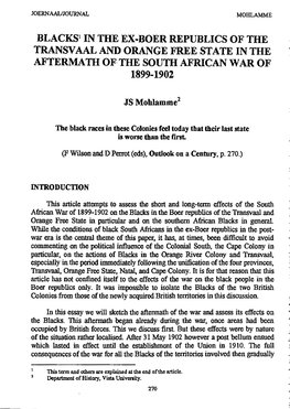 Blacks' in the Ex-Boer Republics of the Transvaal and Orange Free State in the Aftermath of the South African War of 1899-1902