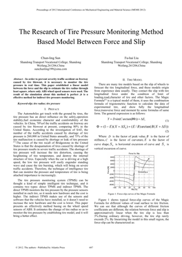 The Research of Tire Pressure Monitoring Method Based Model Between Force and Slip