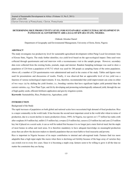 Determining Rice Productivity Level for Sustainable Agricultural Development in Patigi Local Government Area (Lga) of Kwara State, Nigeria