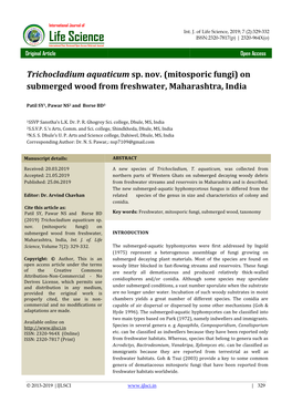 Mitosporic Fungi) on Submerged Wood from Freshwater, Maharashtra, India