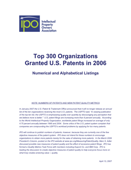 Top 300 Organizations Granted U.S. Patents in 2006