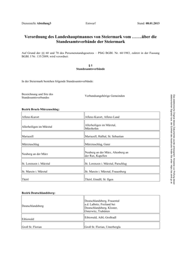 Verordnung Des Landeshauptmannes Von Steiermark Vom …….Über Die Standesamtsverbände Der Steiermark
