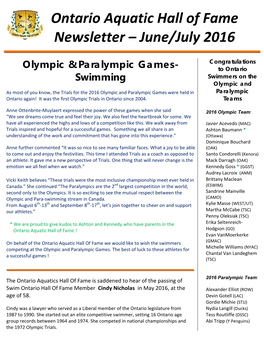 Ontario Aquatic Hall of Fame Newsletter – June/July 2016