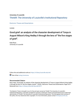 Good Grief: an Analysis of the Character Development of Tonya in August Wilson’S King Hedley II Through the Lens of “The Five Stages of Grief”