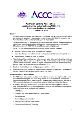 Australian Banking Association – Application for Authorisation AA1000475 Interim Authorisation Decision 20 March 2020