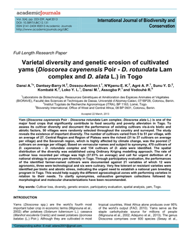 Varietal Diversity and Genetic Erosion of Cultivated Yams (Dioscorea Cayenensis Poir - D