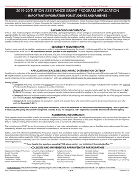 2019-20 Tuition Assistance Grant Program Application — Important Information for Students and Parents —