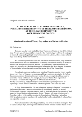 STATEMENT by MR. ALEXANDER LUKASHEVICH, PERMANENT REPRESENTATIVE of the RUSSIAN FEDERATION, at the 1145Th MEETING of the OSCE PERMANENT COUNCIL