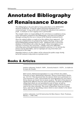 Annotated Bibliography of Renaissance Dance This Bibliography Is the Joint Effort of Many Subscribers to the RENDANCE Electronic Mailing List