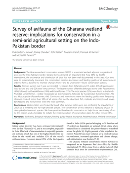 Survey of Avifauna of the Gharana Wetland Reserve: Implications for Conservation in a Semi-Arid Agricultural Setting on the Indo- Pakistan Border Pushpinder S
