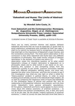 'Oakeshott and Hume: the Limits of Abstract Reason'