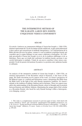 The Interpretive Method of the Karaite Aaron Ben Joseph: Uniqueness Versus Conformity