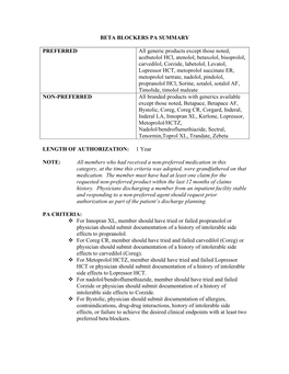 BETA BLOCKERS PA SUMMARY PREFERRED All Generic Products