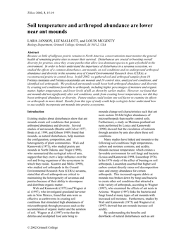 Soil Temperature and Arthropod Abundance Are Lower Near Ant Mounds