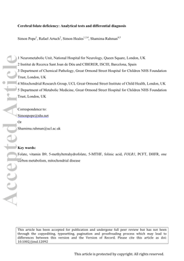 Cerebral Folate Deficiency: Analytical Tests and Differential Diagnosis