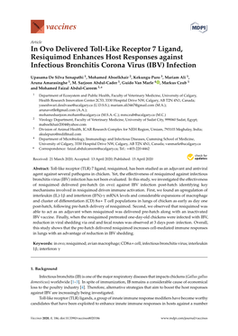 In Ovo Delivered Toll-Like Receptor 7 Ligand, Resiquimod Enhances Host Responses Against Infectious Bronchitis Corona Virus (IBV) Infection