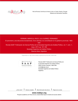 El Peronismo Y Las Elecciones Bonaerenses. De La Derrota a La Consolidación En El Gobierno Provincial, 1983- 1991 Revista SAAP