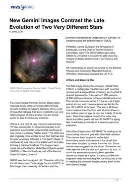 New Gemini Images Contrast the Late Evolution of Two Very Different Stars 5 June 2006