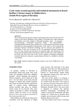 Cycle Routes Around Agrarian and Technical Monuments in Karol Kuffner’S Former Manor in Sládkovičovo (South-West Region of Slovakia)