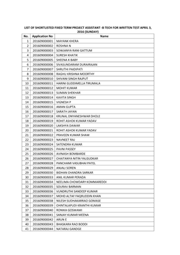 LIST of SHORTLISTED FIXED TERM PROJECT ASSISTANT -B TECH for WRITTEN TEST APRIL 3, 2016 (SUNDAY) No