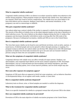 Congenital Rubella Syndrome Fact Sheet